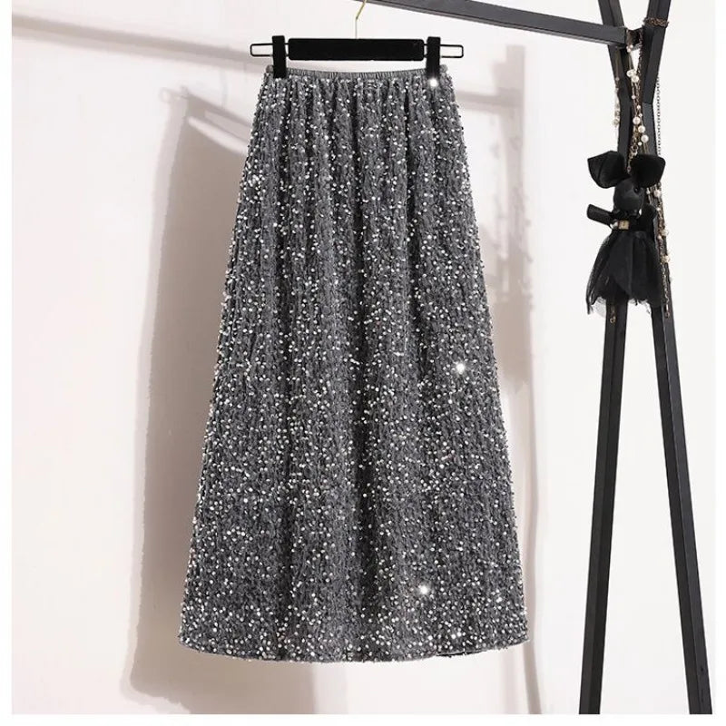 Sequin Elastic Waist A-Line Midi Skirt for Women – Casual Solid Color Summer Skirt