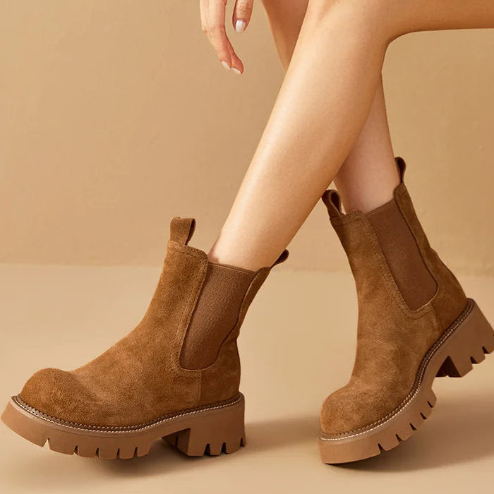 Women’s Cow Suede Platform Chelsea Ankle Boots – Round Toe with Elastic Band and Stitching Design