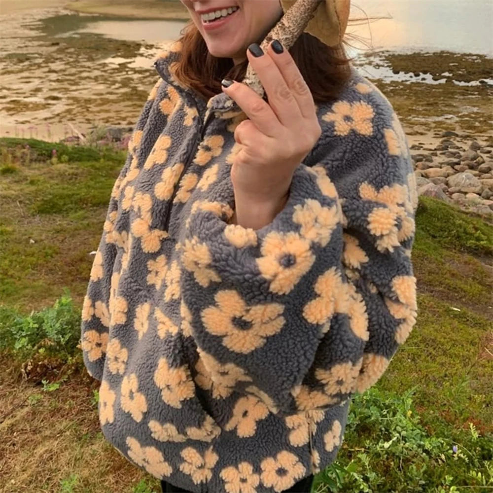 Fashion Print Contrast Pullover Oversized Zipper Knit Long-Sleeve Top  –  Casual, Warm Vintage Sweatshirt for Women, Perfect for Office Wear