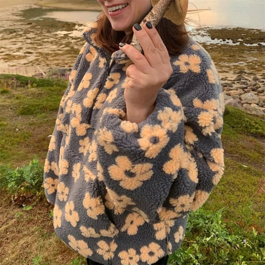 Fashion Print Contrast Pullover Oversized Zipper Knit Long-Sleeve Top  –  Casual, Warm Vintage Sweatshirt for Women, Perfect for Office Wear - HER SHOP