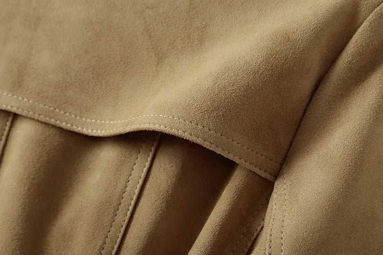 Natural Leather Women's Jacket Autumn Winter Khaki/Black Double Breasted Classic British Style Slim Sheepskin Long Trench Coat