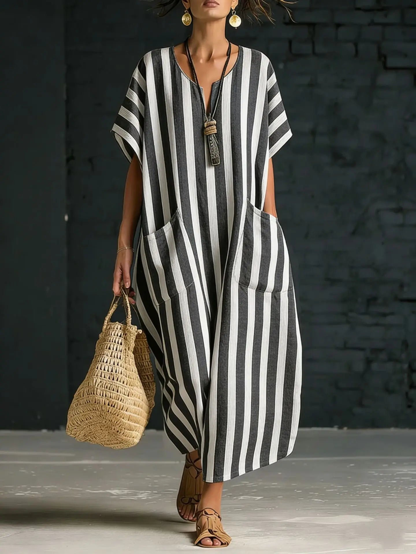 Striped V-Neck Loose Casual Summer Dress
