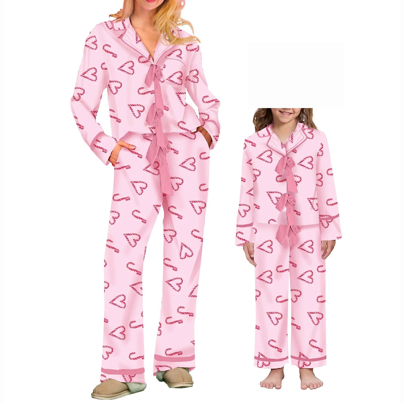 Mommy and Me Matching 2Piece Bow/Heart Print Pajamas Set Tie Front Long Sleeve Lapel Neck Tops+ Pants Family Matching Sleepwear
