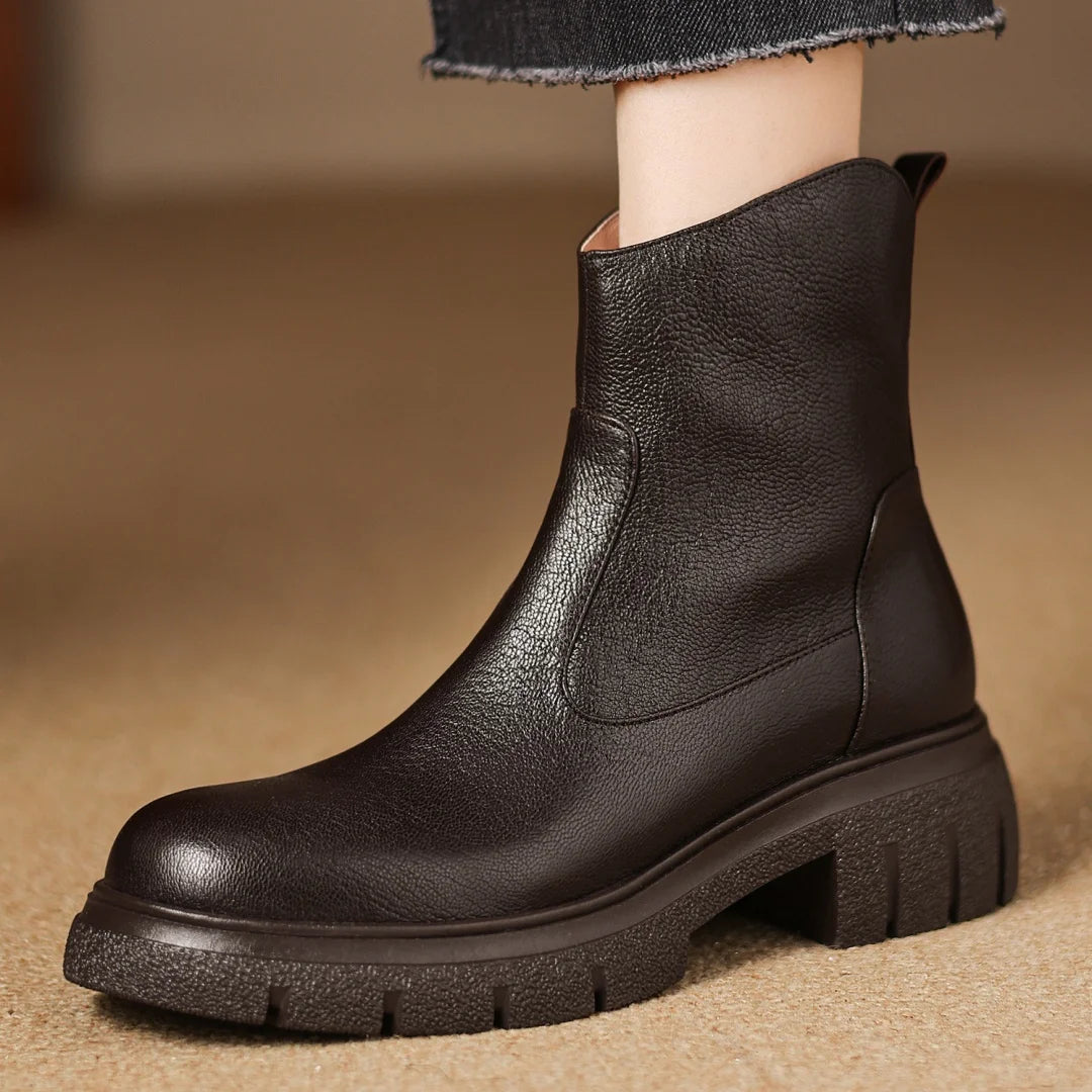 Women’s Genuine Sheepskin Ankle Boots with Side Zip – Round Toe, Soft Comfort, Thick Sole Casual Boots for Autumn
