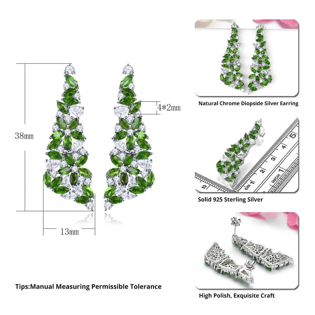 Natural Chrome Diopside Earrings Ã¢â‚¬â€œ Solid Sterling Silver S925, 4 Carat Genuine Gemstone, Classic Romantic Fine Jewelry Gift for Women