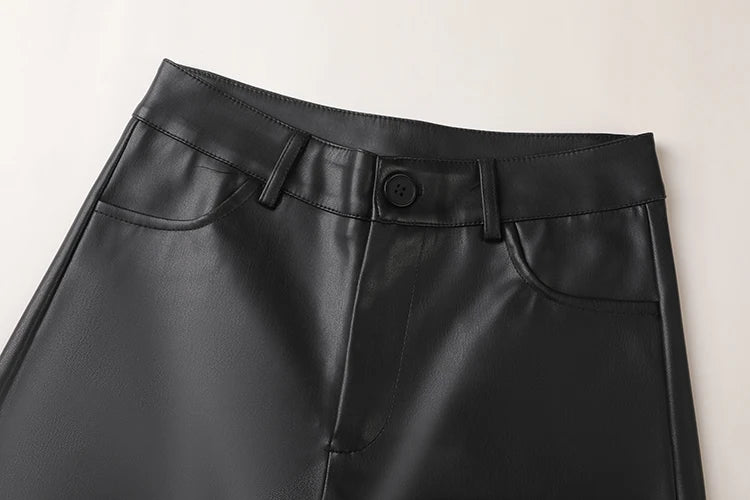 Fall Winter Fleece Loose Wide Leg Warm Leather Pants Women Button Pocket High Waist Thick PU Casual Straight Pants