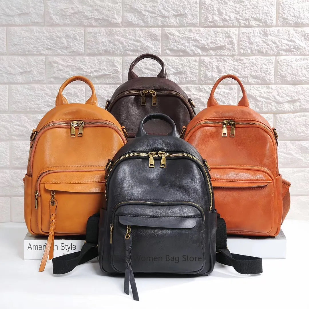 Highend Vintage A4 Coffee Yellow Brown Black Full Grain Genuine Leather Women Backpack Cowhide Girl Travel Bag