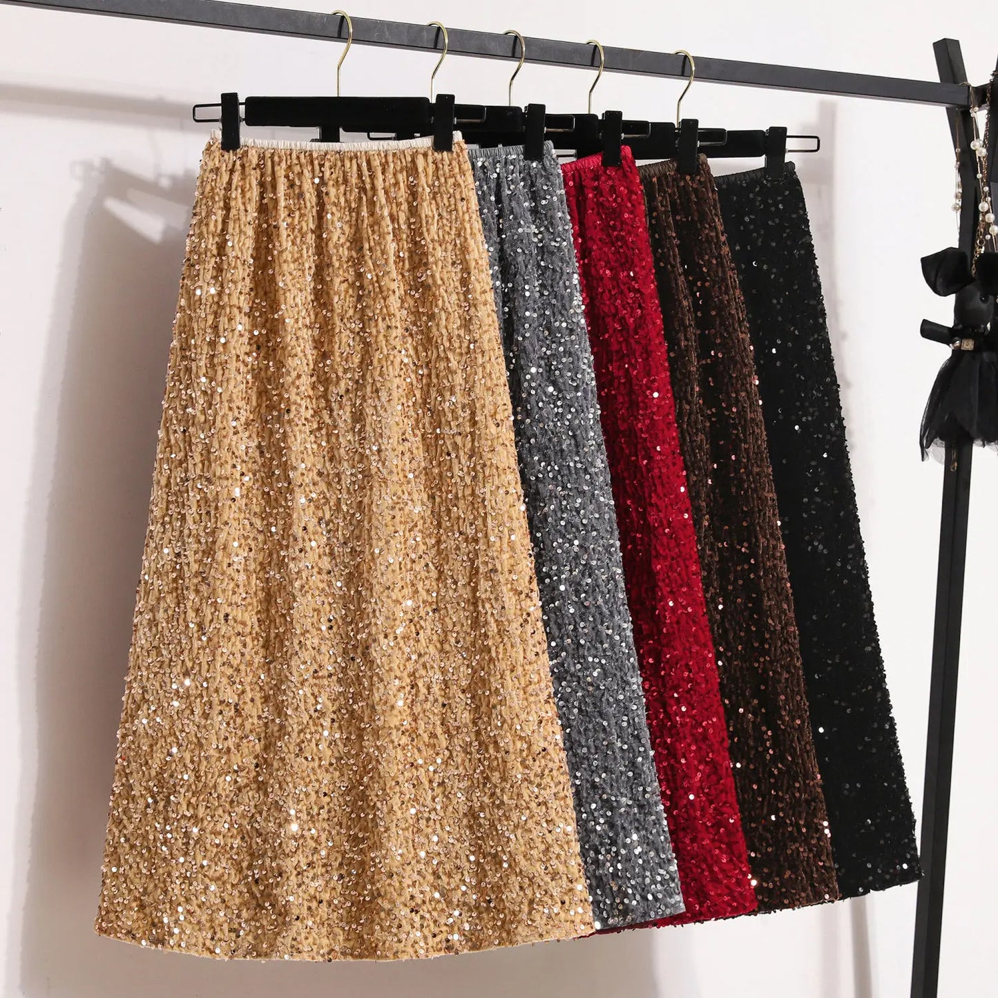 Sequin Elastic Waist A-Line Midi Skirt for Women – Casual Solid Color Summer Skirt