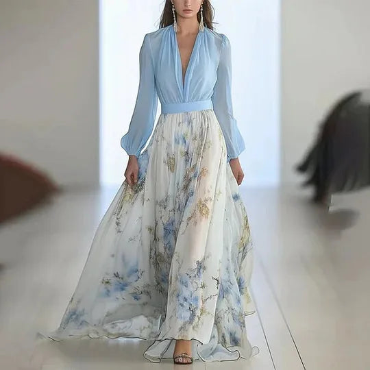 Elegant V-neck Long-sleeved Chiffon Dress Fashion Spring Autumn Powder Sleeve Splicing Flower Printing Casual Dresses Female