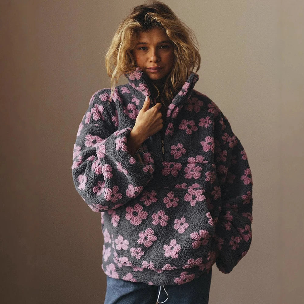 Fashion Print Contrast Pullover Oversized Zipper Knit Long-Sleeve Top  –  Casual, Warm Vintage Sweatshirt for Women, Perfect for Office Wear