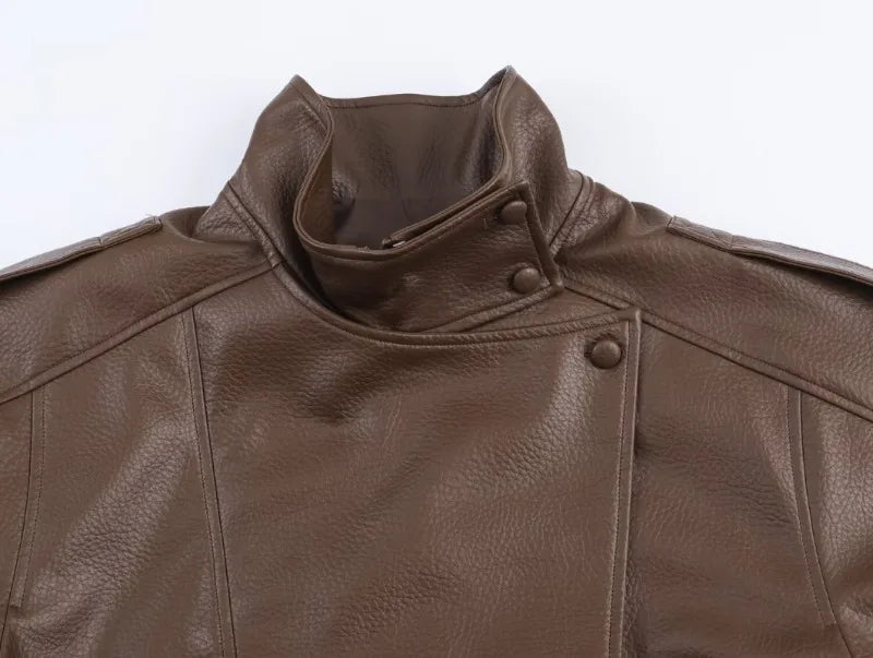 Trendy Solid PU Leather Moto Jacket for Women – Winter 2025 Turtleneck Retro Asymmetrical Vintage Coat