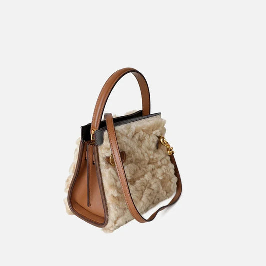 2025 Winter Fashion Women's Handbag – Fluffy Wool Fur Lambswool Tote with Real Leather Flap, Small Shoulder Bag in Khaki - HER SHOP