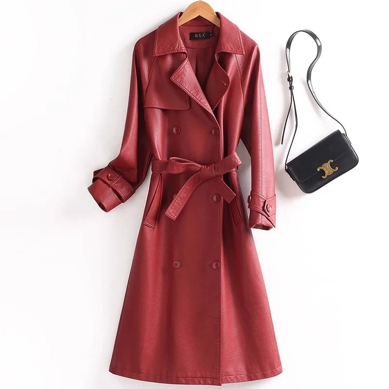 Product Title: Elegant Women'sSplit Leather Trench Coat  –  Double Breasted Slim Fit with Belt, Long Turn-Down Collar Coat for Autumn/Winter - HER SHOP
