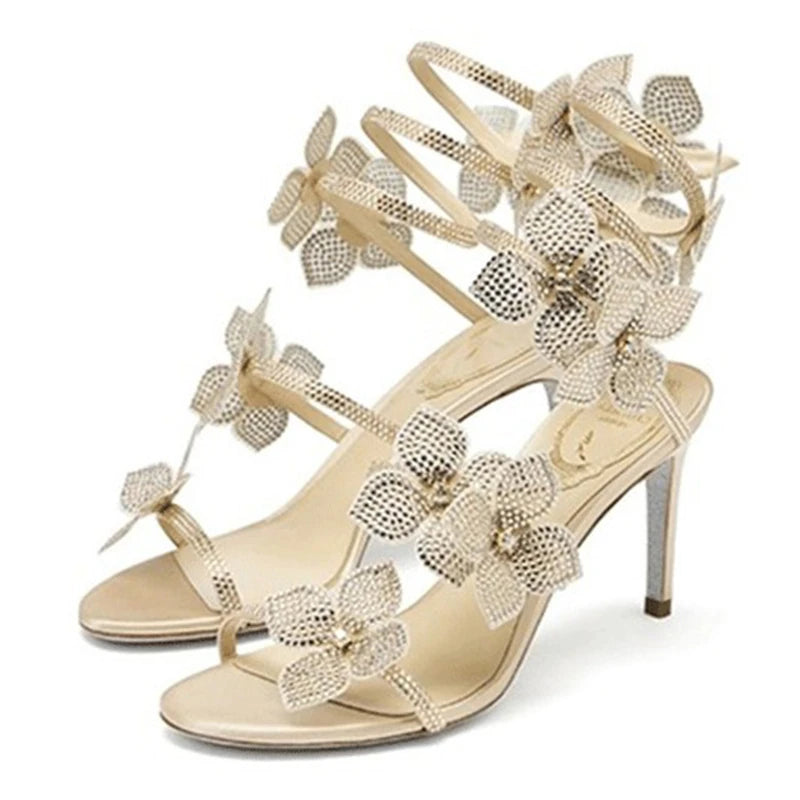 Sexy Crystal Flower High Heel Sandals for Women – Street Style Narrow Band Ankle Strap Party & Dance Shoes