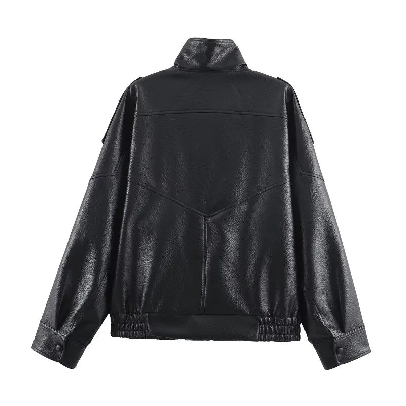 Trendy Solid PU Leather Moto Jacket for Women – Winter 2025 Turtleneck Retro Asymmetrical Vintage Coat