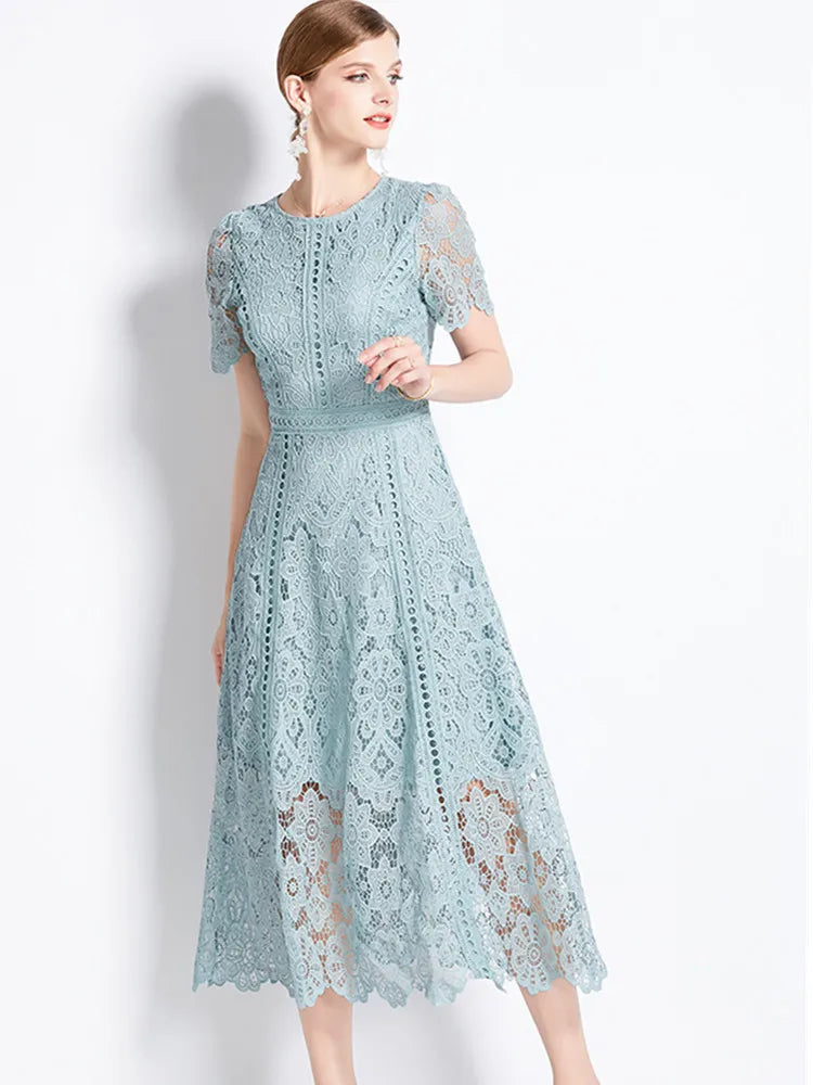 JAMERARY Vintage Holiday Lace Hollow Out Prom Dress For Women's Summer Slim Elegant Short Sleeve Long Dress Female Clothing