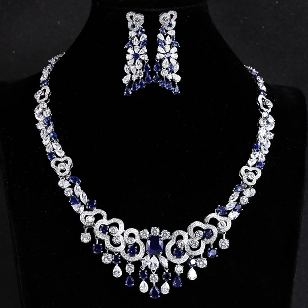 Vintage 925 Sterling Silver Moissanite & Sapphire Jewelry Set â€“ Earrings & Necklace for Women