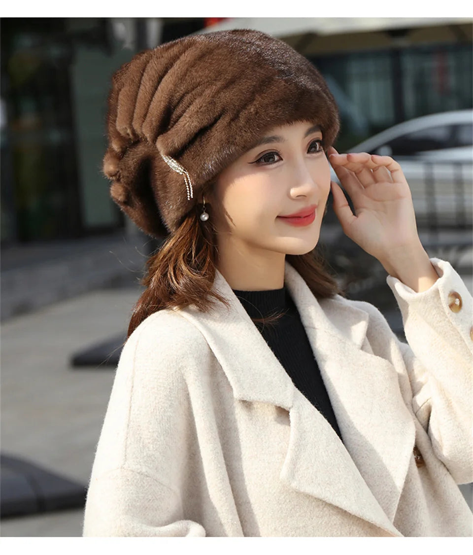 Whole Real Mink Fur Hat For Women's Caps Luxury Fashion Brand Real Fur Cap Christmas Hat Warm In Russian Winter Lady Fur Hat