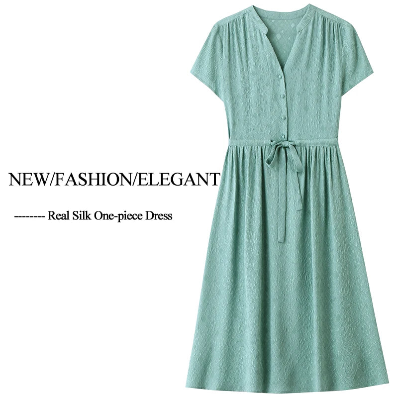 19 Momme Real Silk Elegant Fashion Dresses For Women 2026 Summer V-neck Short Sleeve Drawstring Office Lady Long Dress A-line