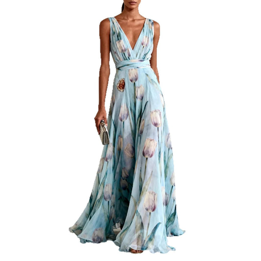 Blue Tulip Print Chiffon Maxi Dress – Sleeveless V-Neck Elegant Flowy Spring Summer Evening Gown - HER SHOP