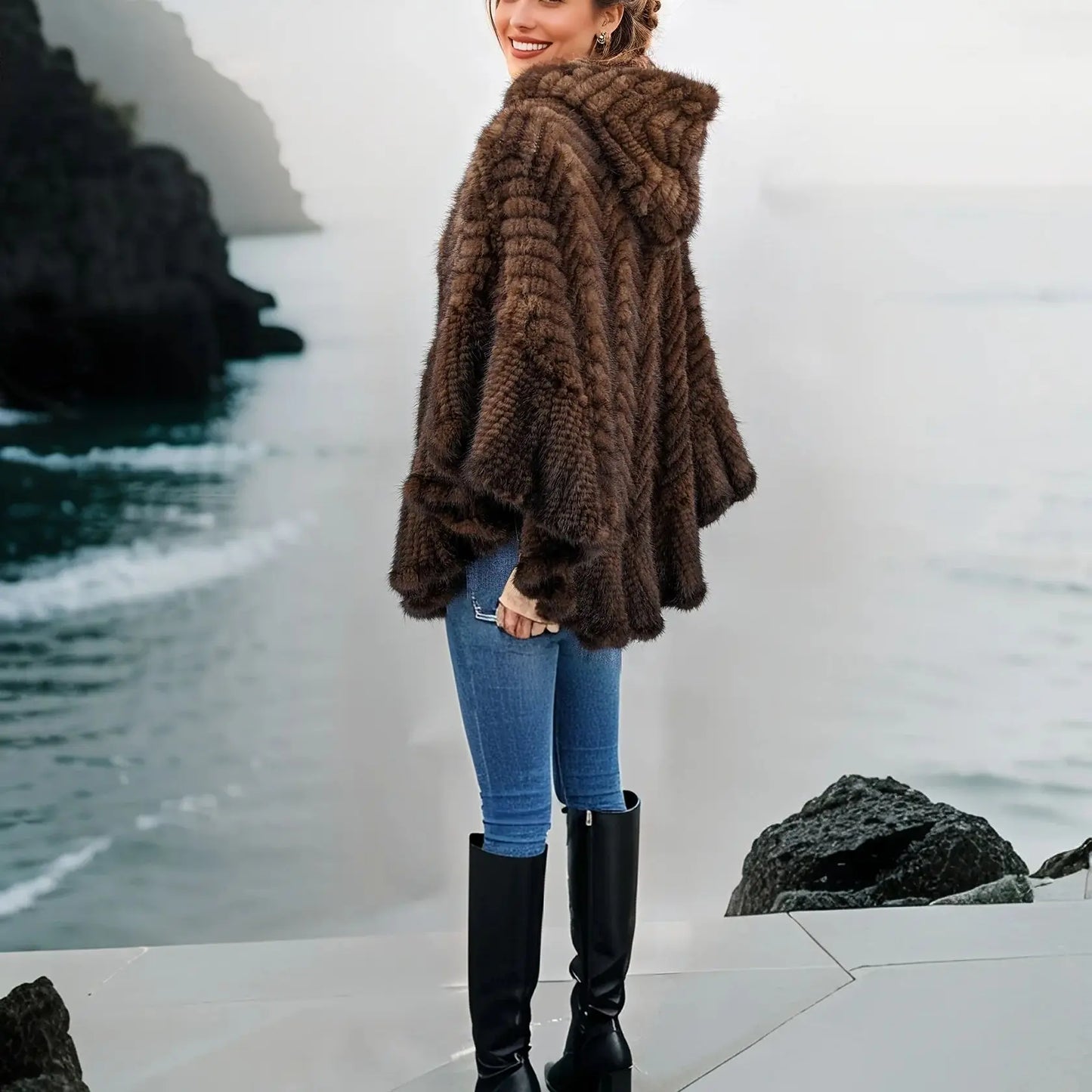 Luxury Real Knitted Mink Fur Cape with Hood – Ruffle Shawl Zipper Wrap for Women (Plus Size)