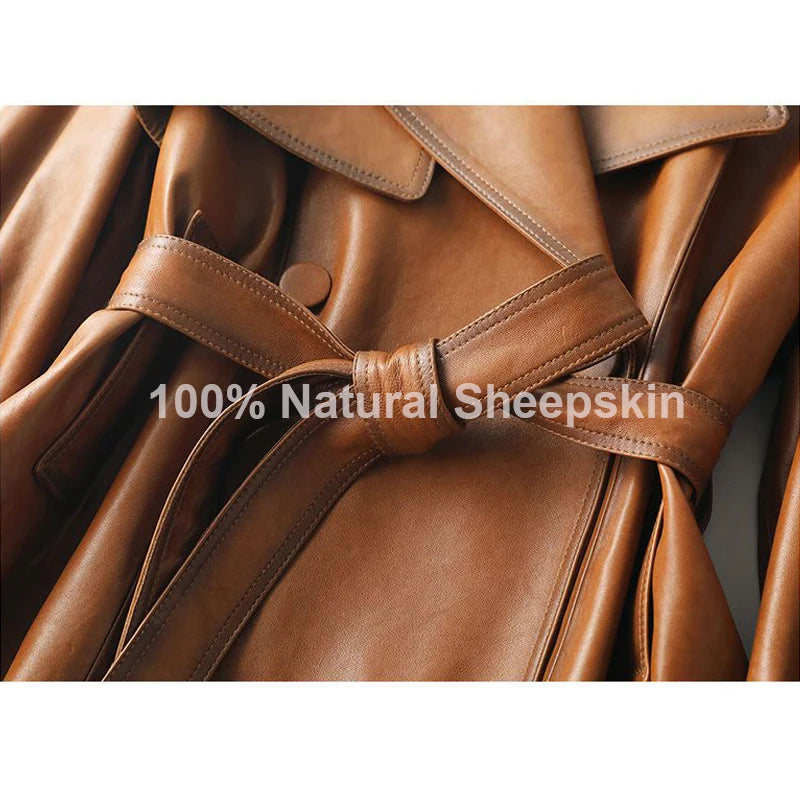 Brown leather jacket with '100% Natural Sheepskin' text