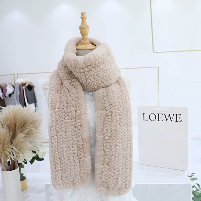 Women's Real Rex Rabbit Fur Knitted Winter Scarf– Luxury Wrap & Neck Warmer 170cm - HER SHOP