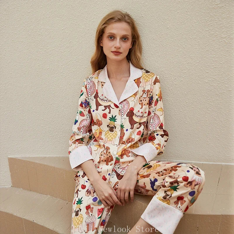 Elegant Pajama Set for Women – Long Sleeve Lapel Home Suit for Spring & Summer