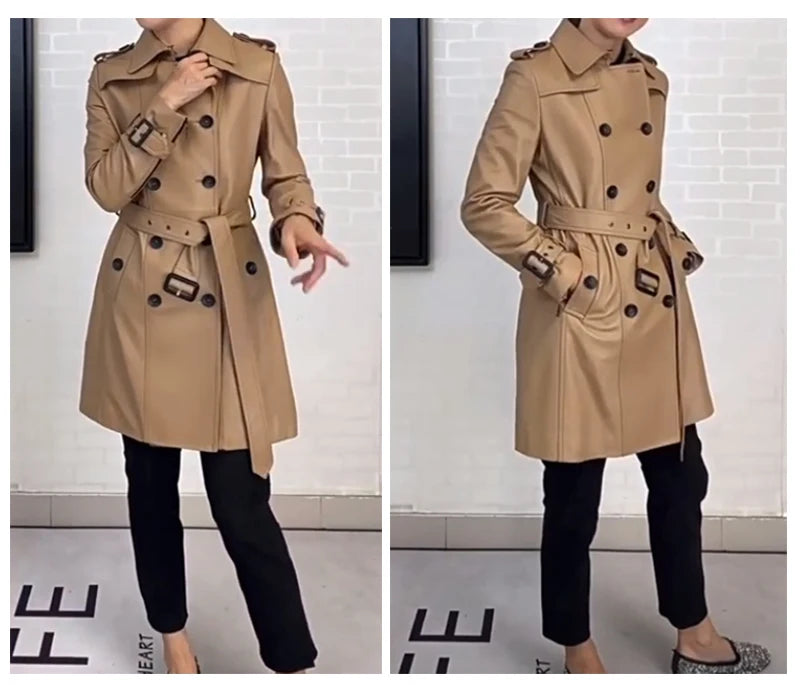 Natural Leather Women's Jacket Autumn Winter Khaki/Black Double Breasted Classic British Style Slim Sheepskin Long Trench Coat