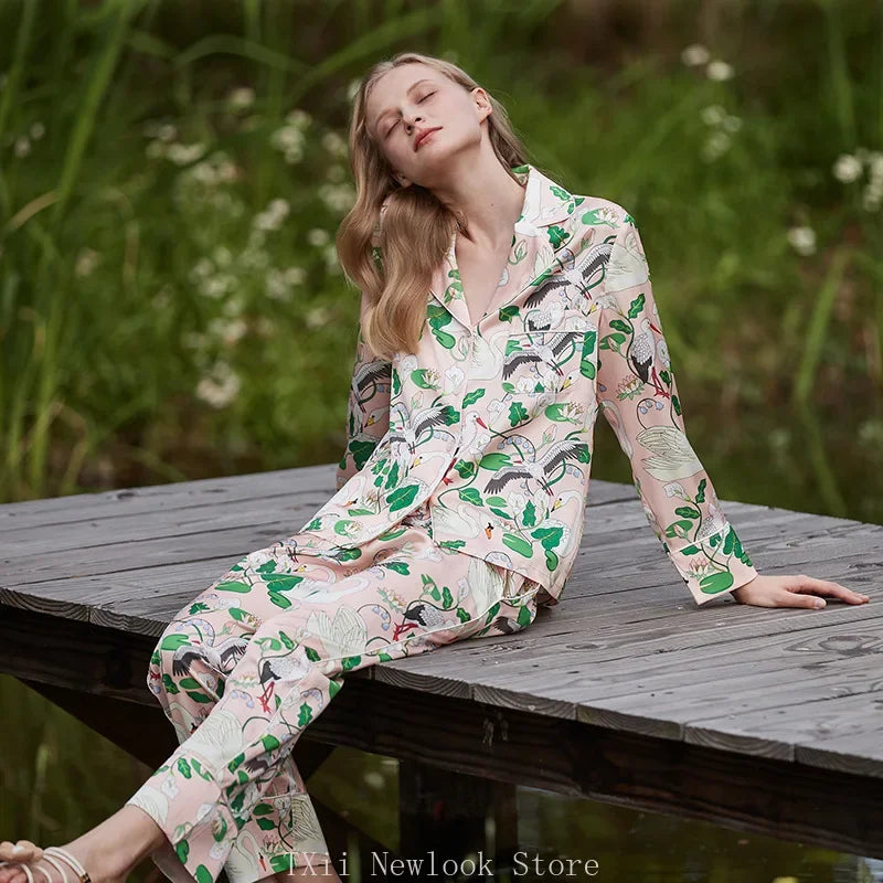 Elegant Pajama Set for Women – Long Sleeve Lapel Home Suit for Spring & Summer