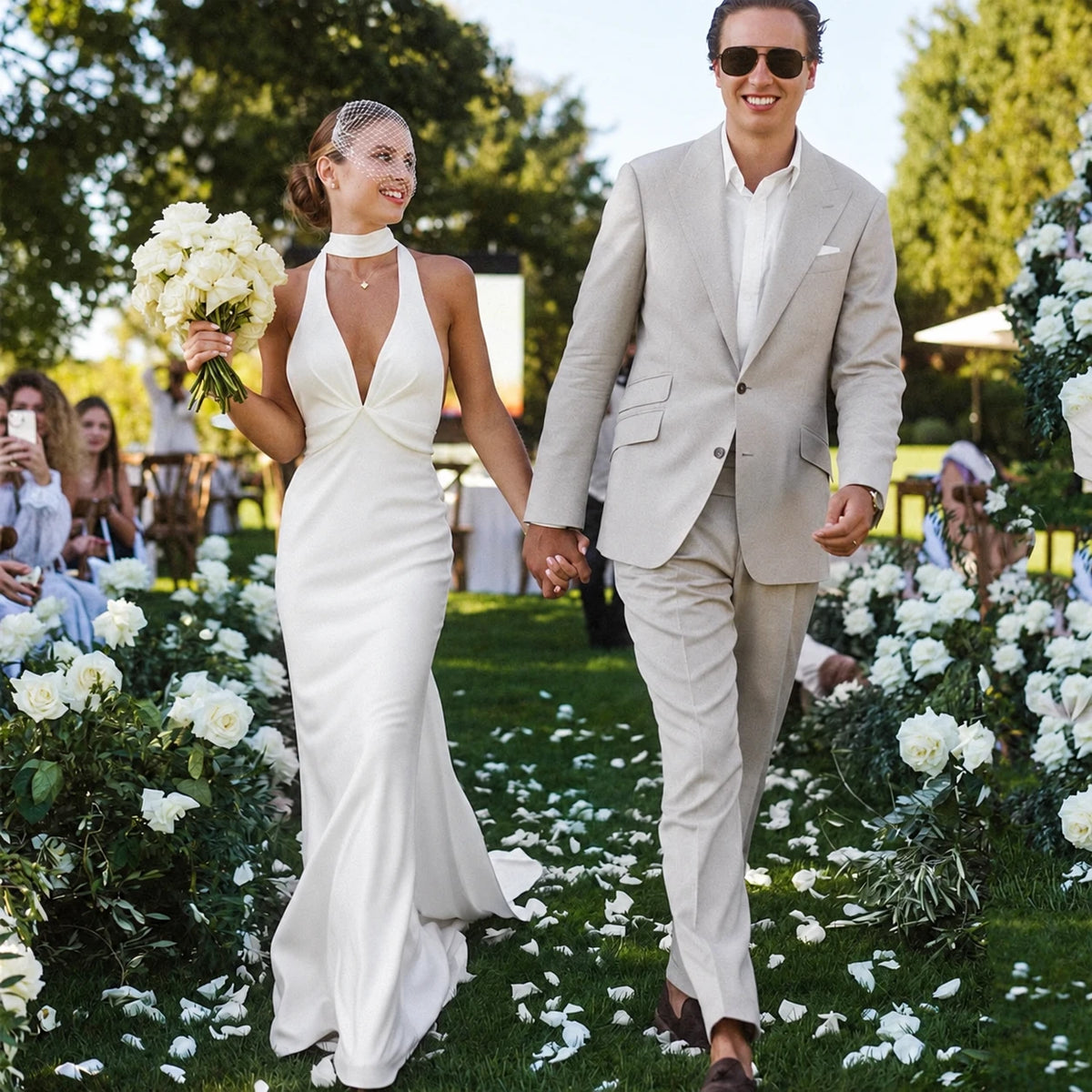Simple V-Neck Halter Mermaid Crepe Wedding Dress – Bohemian Backless & Sweep Train - HER SHOP®