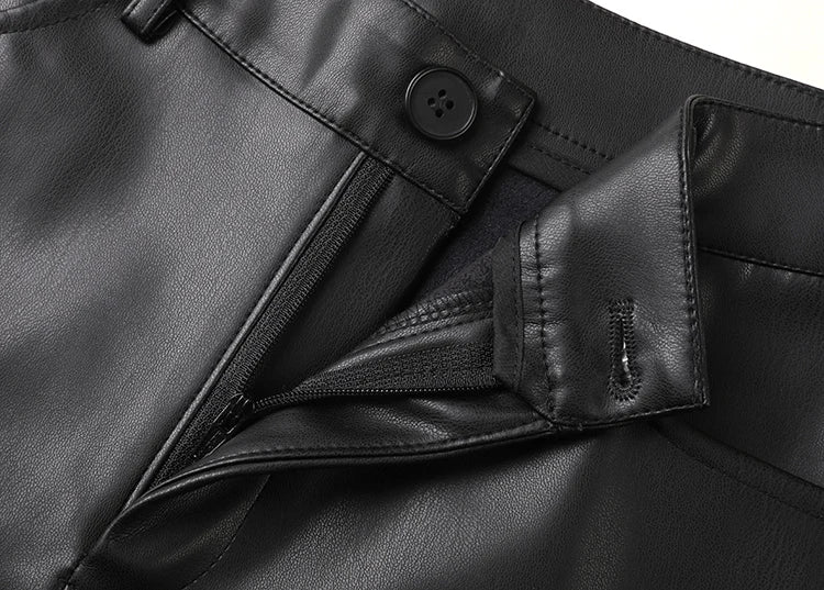 Fall Winter Fleece Loose Wide Leg Warm Leather Pants Women Button Pocket High Waist Thick PU Casual Straight Pants