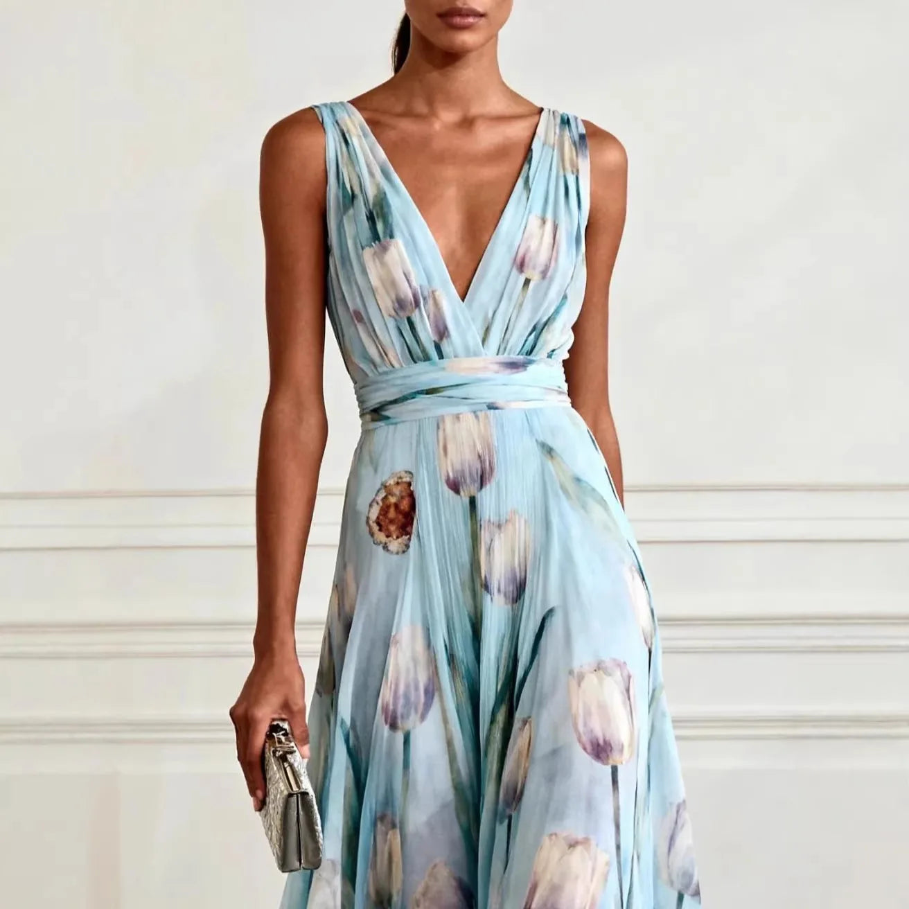 Blue Tulip Print Chiffon Maxi Dress – Sleeveless V-Neck Elegant Flowy Spring Summer Evening Gown