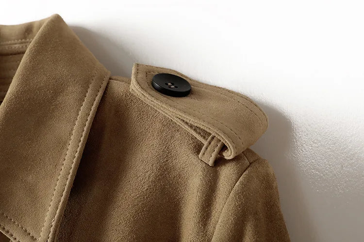 Natural Leather Women's Jacket Autumn Winter Khaki/Black Double Breasted Classic British Style Slim Sheepskin Long Trench Coat