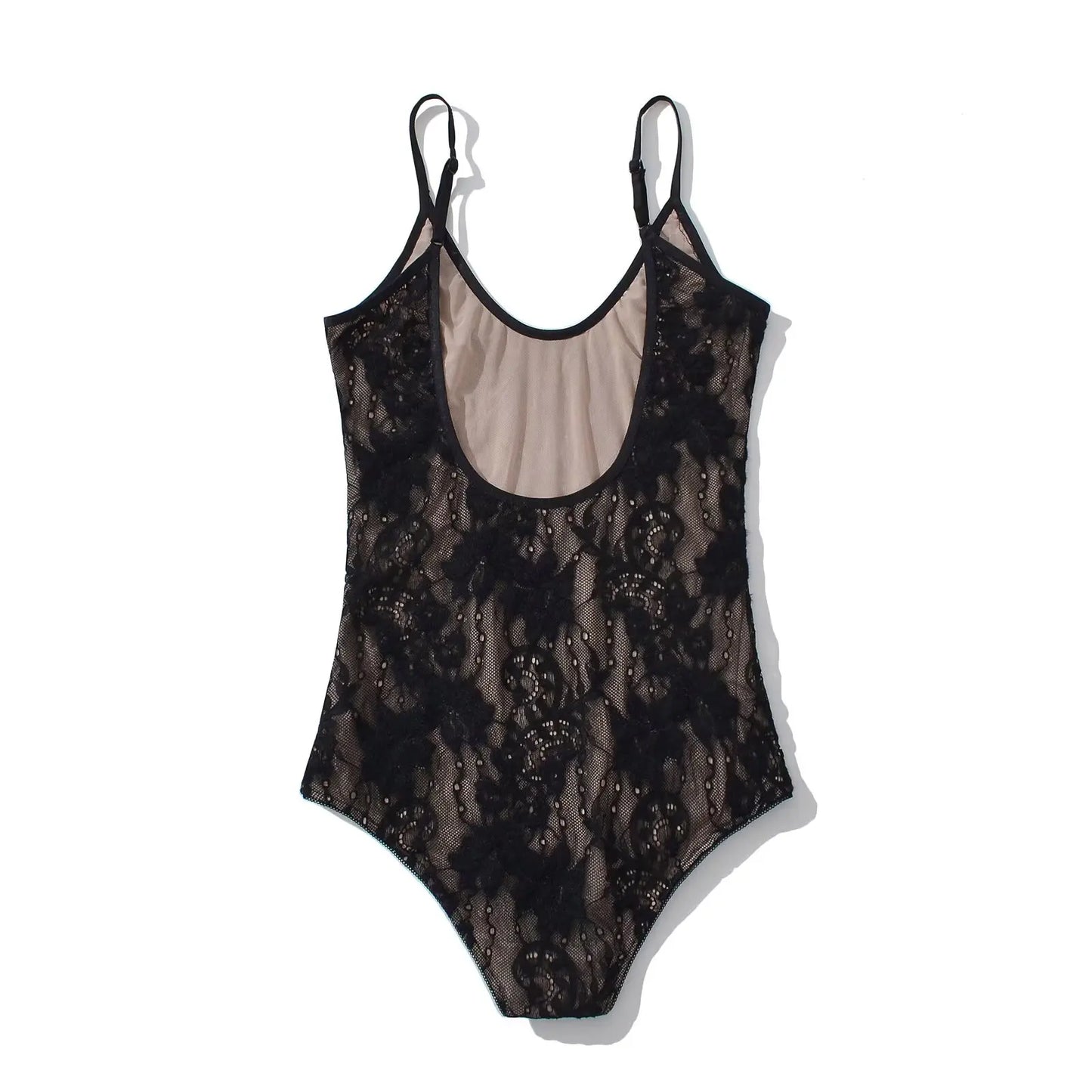Sexy Sheer Lace Backless Spaghetti Strap Bodysuit with Lining – Slim Fit Tight Short Romper for Women