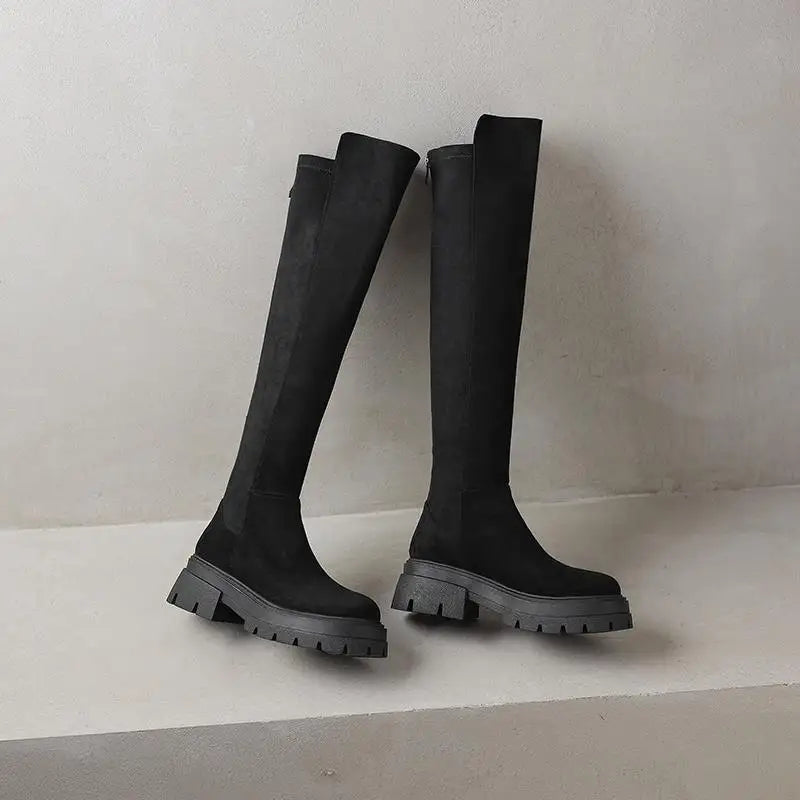 Flock Round Toe Stretch Over-the-Knee Boots with Medium Heels – Elegant, Modern, and Warm Slip-On Style for Leisure and Everyday Chic