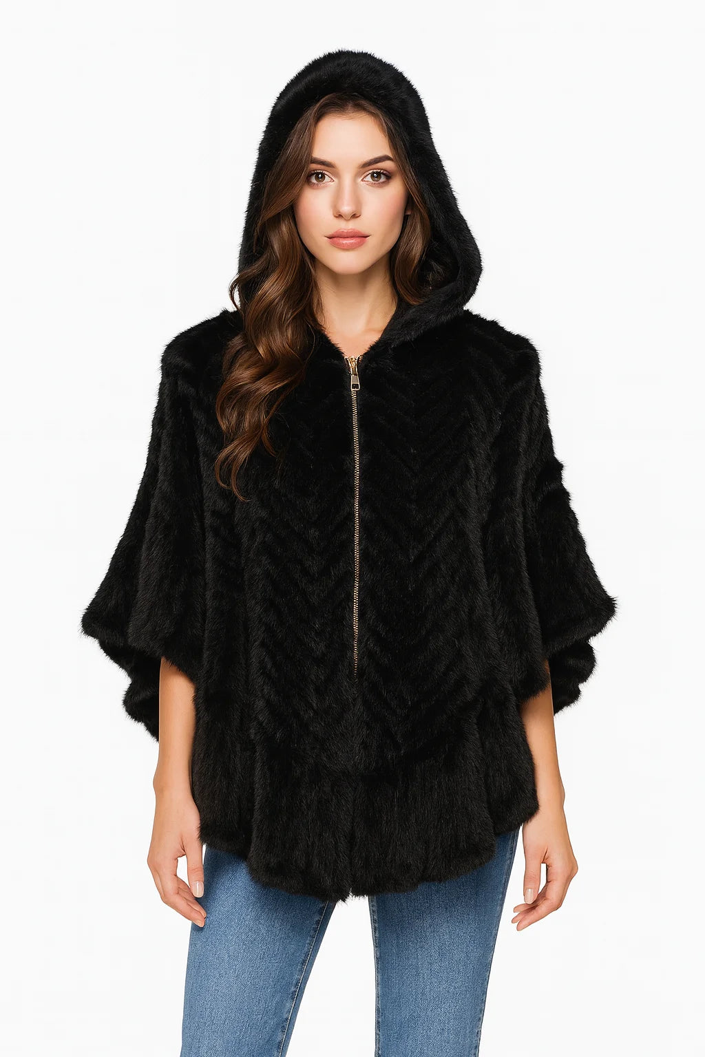 Luxury Real Knitted Mink Fur Cape with Hood – Ruffle Shawl Zipper Wrap for Women (Plus Size)