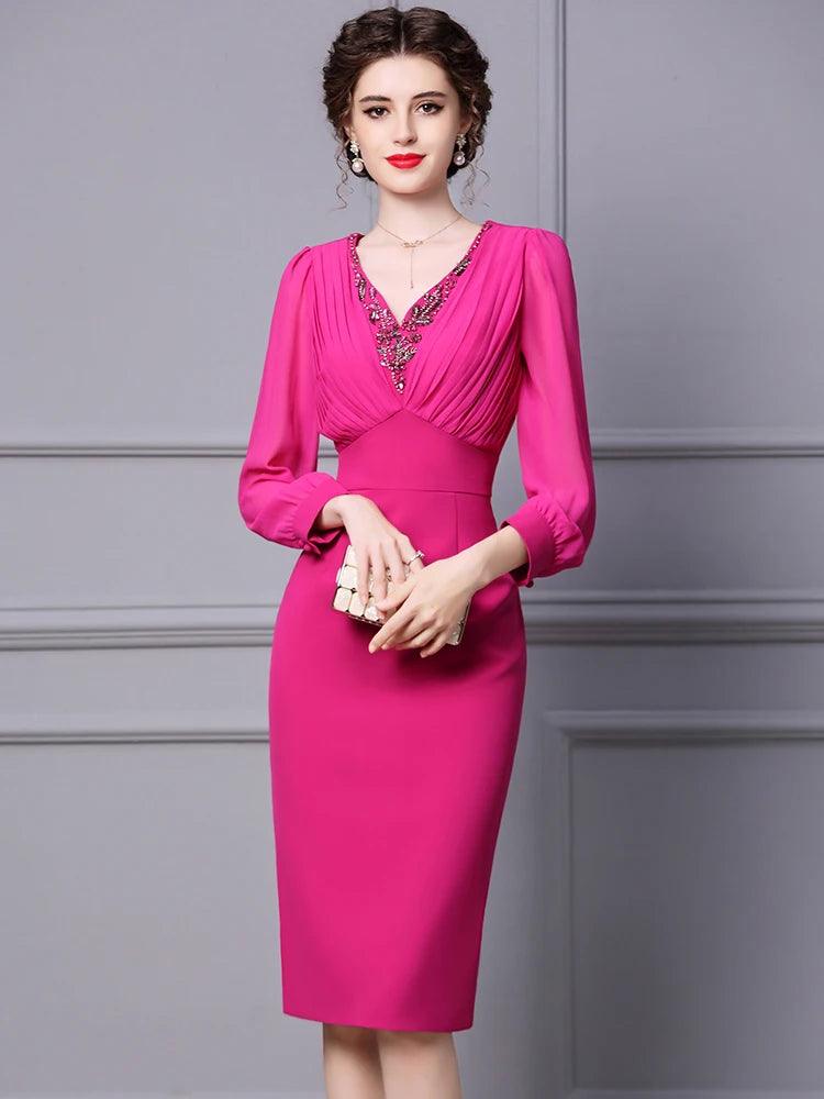 Luxury Beaded V-Neck Empire Cocktail Party Dress for Women | 2024 Spring Elegant Long Sleeve Pencil Dress for Office & Evening Wear