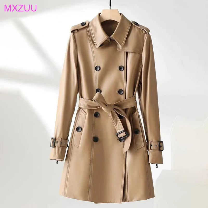 Natural Leather Women's Jacket Autumn Winter Khaki/Black Double Breasted Classic British Style Slim Sheepskin Long Trench Coat