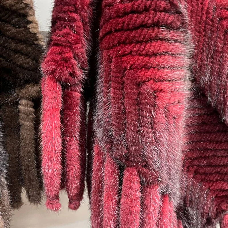 Women’s Real Mink Fur Knitted Cape – Luxury Striped Pullover Fur Coat with Tassel Trim, Warm & Elegant Overcoat
