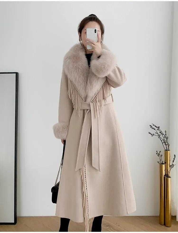 Women's Real Fur Winter Coat - Cashmere Wool Blend Jacket with Fox Fur Collar, Long Tassel Design, Streetwear Outerwear