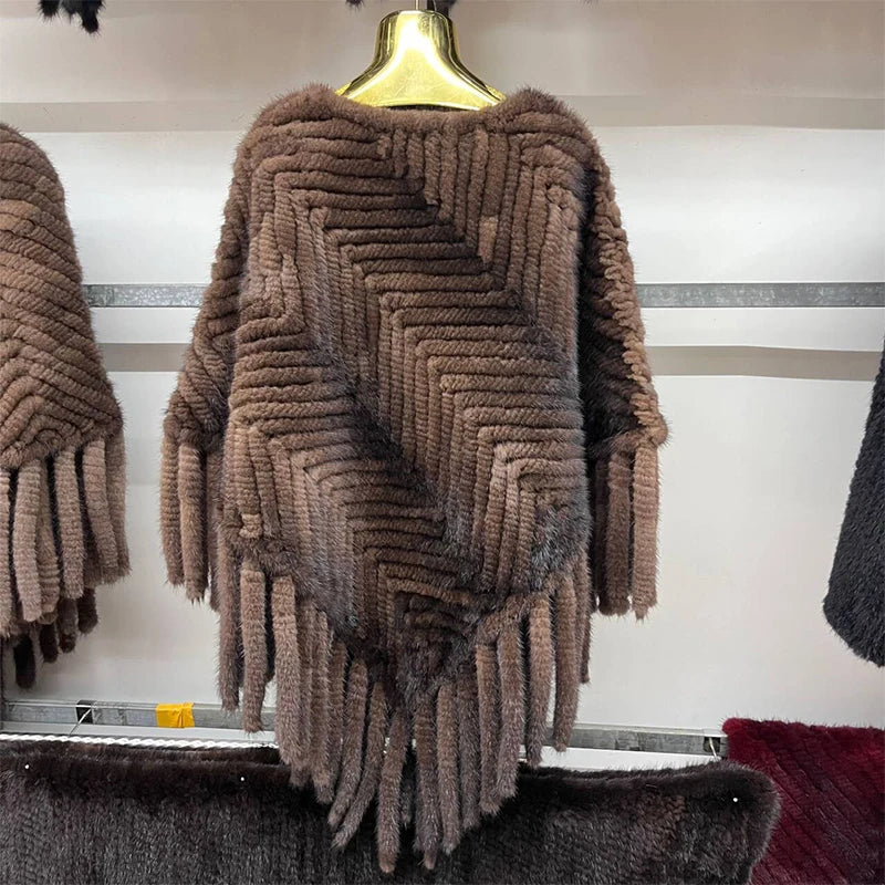 Women’s Real Mink Fur Knitted Cape – Luxury Striped Pullover Fur Coat with Tassel Trim, Warm & Elegant Overcoat