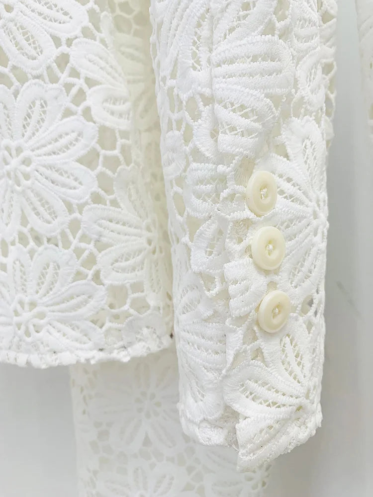 HIGH STREET Newest Designer Runway Suit Set Women's Single Button Guipure Lace Blazer Pencil Pants Suit 2pcs