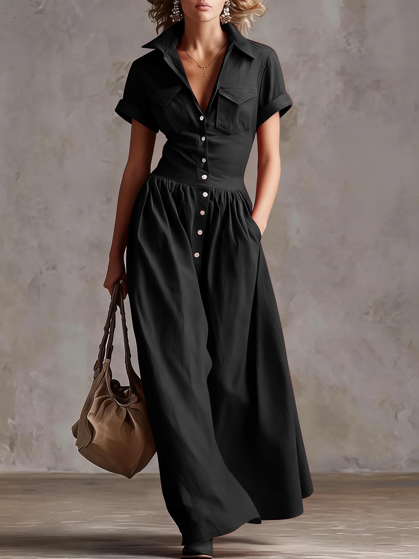 Women’s Woven Button-Down Collared Maxi Dress
