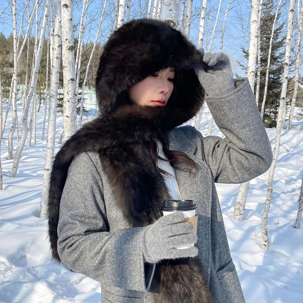 2025 Lady Real Sable Fur Hat Scarf Winter Warm Fluffy 100% Natural Sable Fur Hat Scarves Women Knitted Genuine Fur Cap Shawl