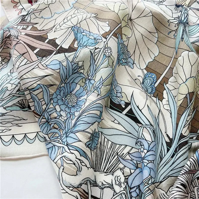 Women’s Large Square Wool & Silk Blanket Scarf – Double-Sided Printed Shawl Cape, 130×130cm