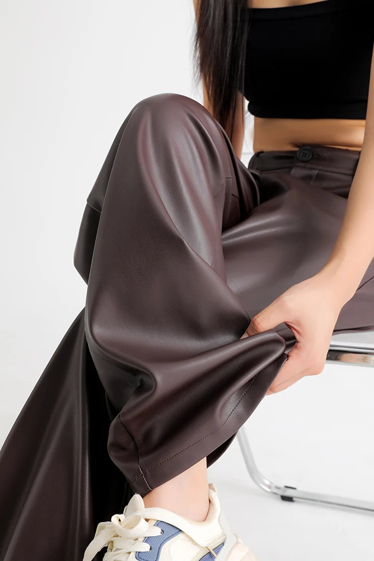 Fall Winter Fleece Loose Wide Leg Warm Leather Pants Women Button Pocket High Waist Thick PU Casual Straight Pants