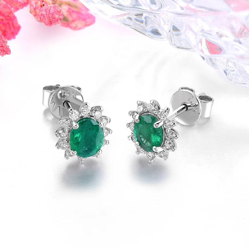 Genuine Green Emerald and Diamond 14K White Gold Jewelry - 0.66 Carat Natural Emerald Earrings for Weddings and Engagements