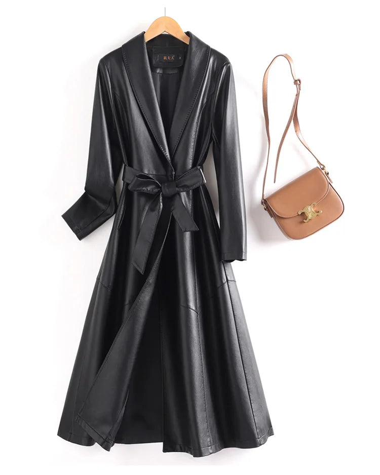 New Elegant Women’s Split Leather Trench Coat | Slim Waist Belted Long Coat with Suit Collar | Spring & Autumn Fashion Casual Outerwear