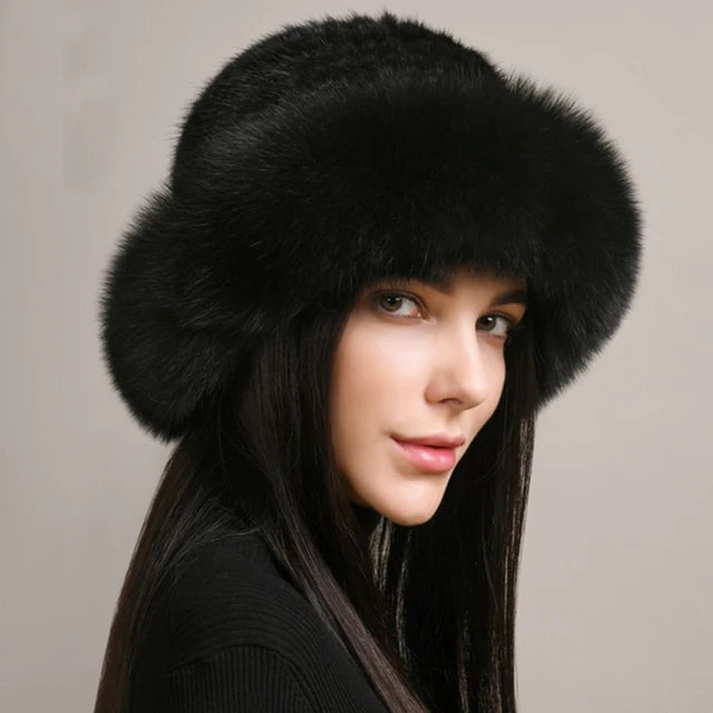 Luxury Knitted Mink Fur Hat with Real Fox Fur – Handmade Winter Fashion for Women